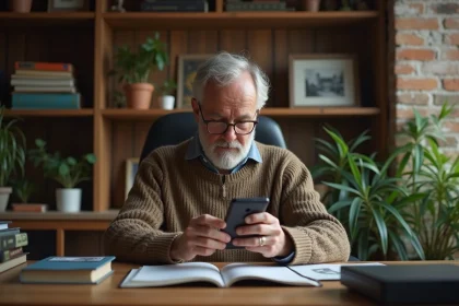 Homme d'âge moyen avec téléphone vintage dans un bureau chaleureux