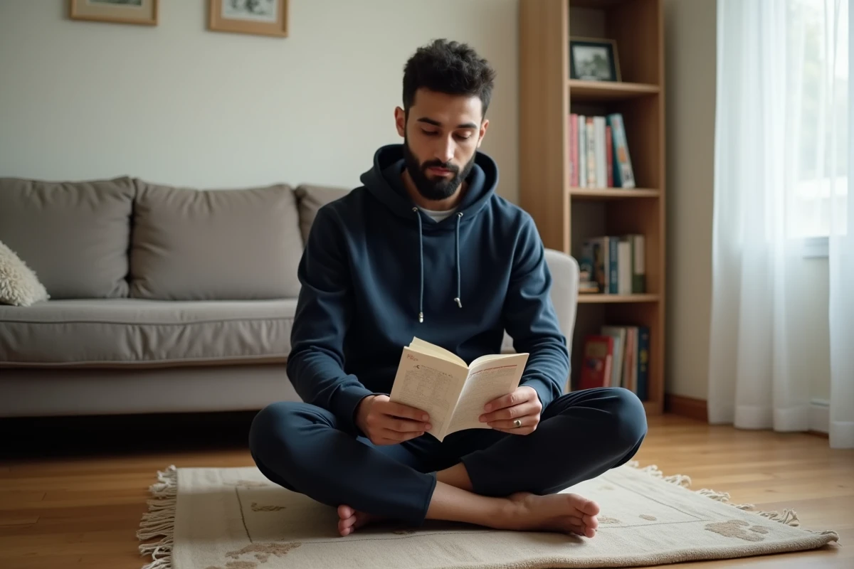 Jeune homme consultant un horaire de prière incluant fajr et isha dans un appartement à Mantes-la-Jolie