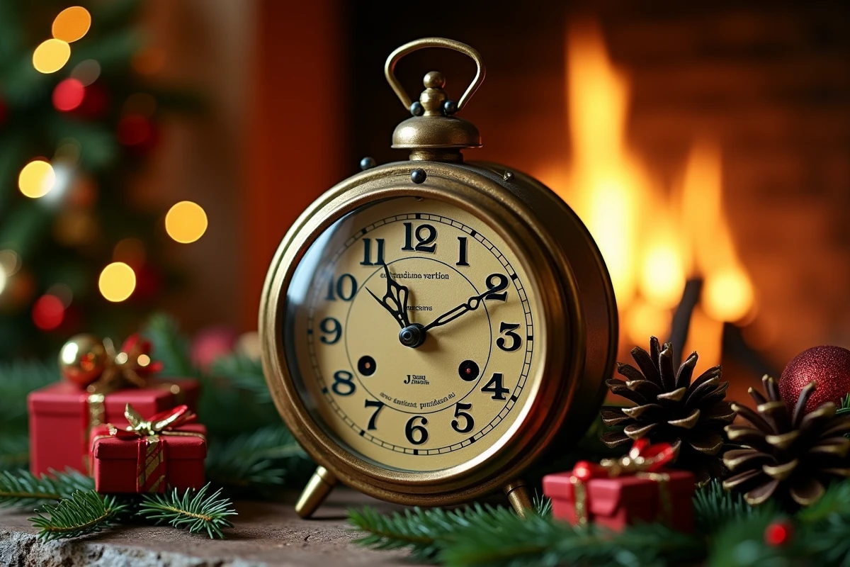 Horloge en laiton vintage sur un manteau de cheminée décoré pour Noël, symbolisant le compte à rebours des jours et secondes avant Noël 2026