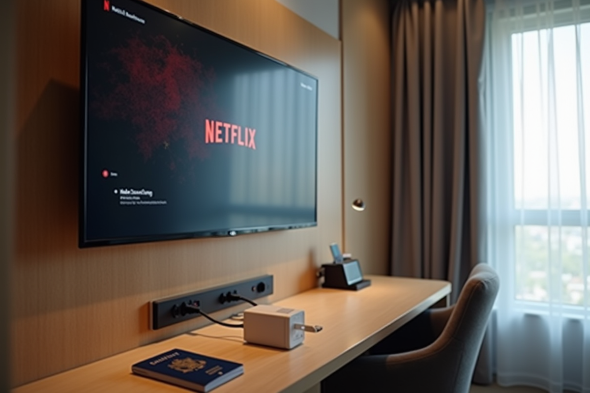 Chambre d hotel moderne avec TV affichant Netflix et passeport