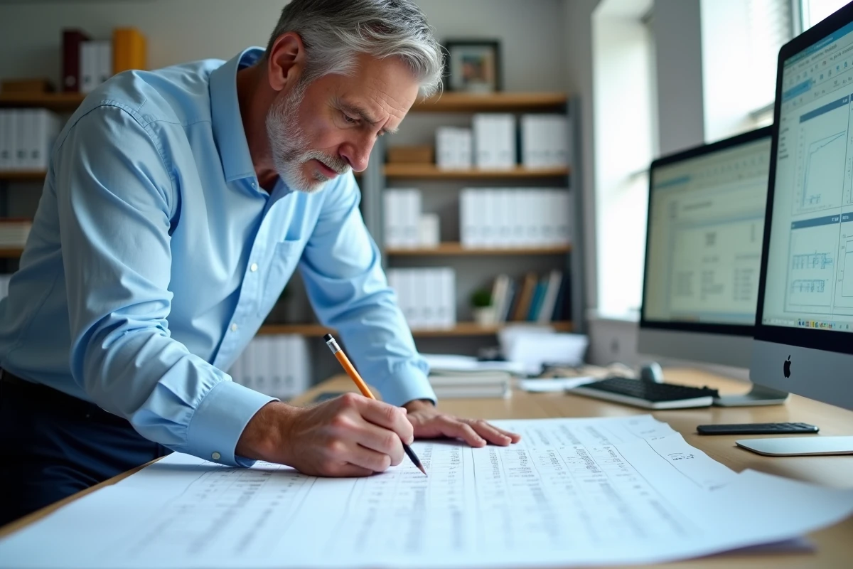 Ingénieur annotant un tableau de conversion m3 imprimé sur une table de travail professionnelle