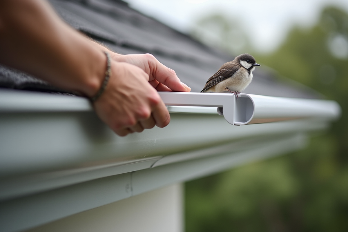 Mains installant une protection en PVC pour oiseaux sur le toit