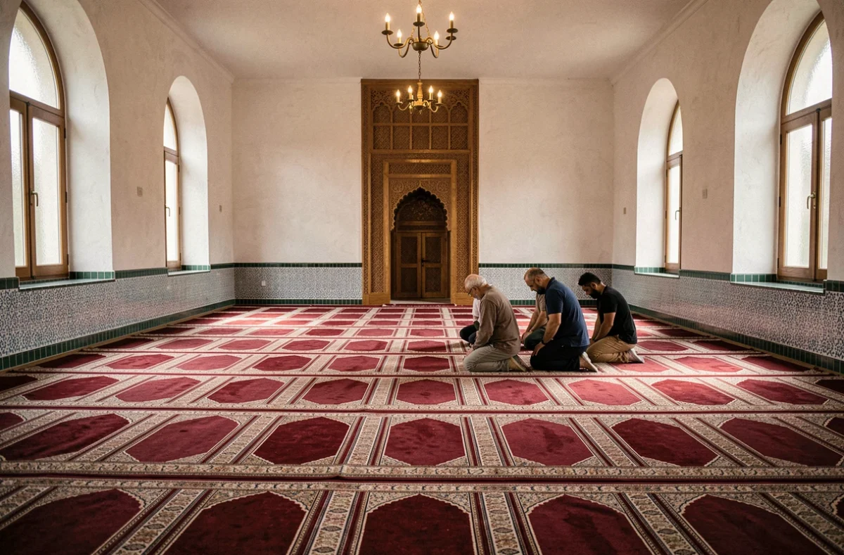 Intérieur d'une salle de prière dans une mosquée de Nantes avec fidèles en prière sur tapis