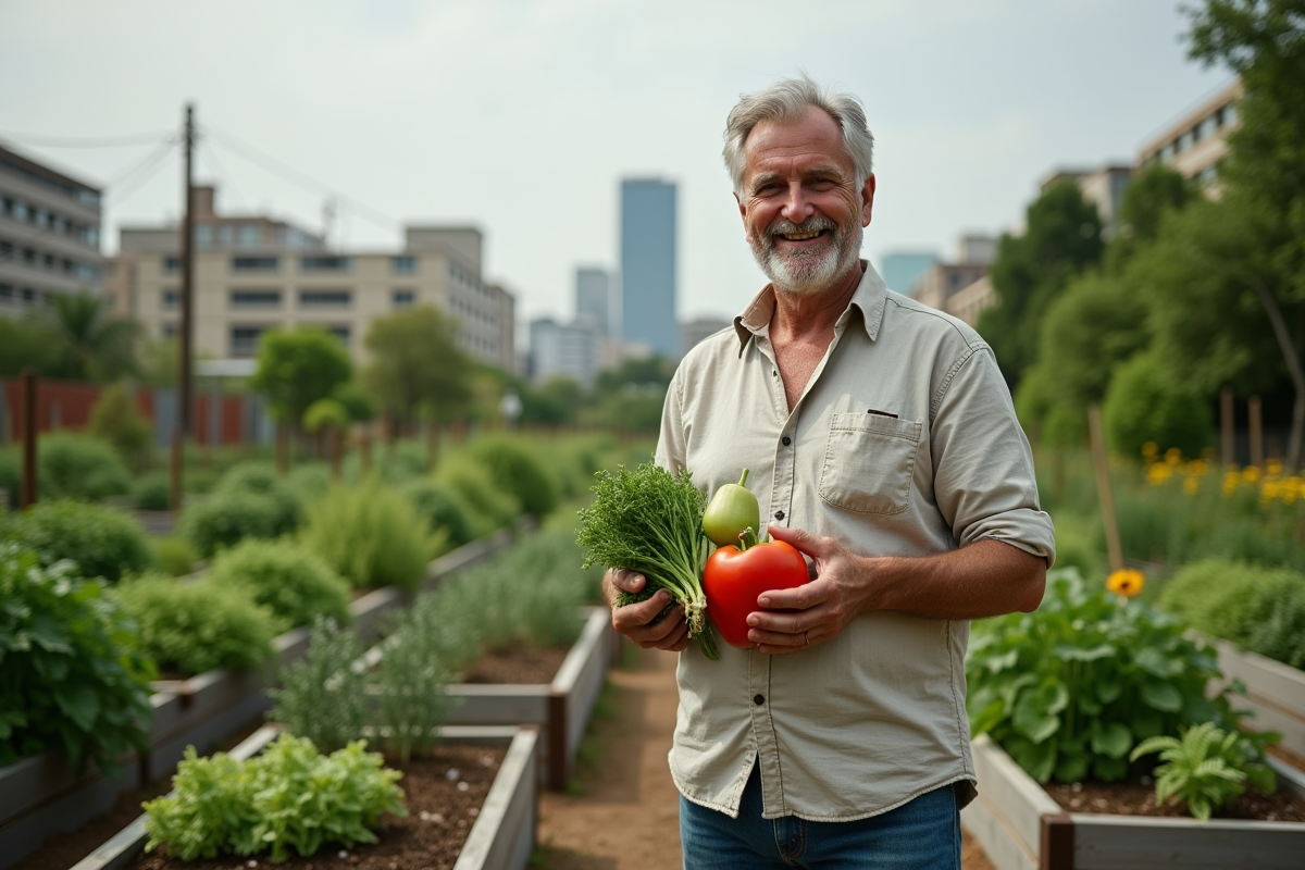 Homme cultivant un jardin communautaire en plein air