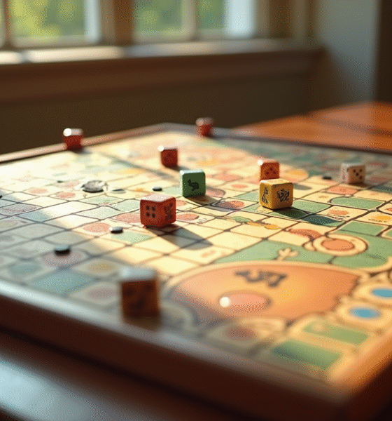 Plateau de jeu de la course en bois vintage avec dés colorés
