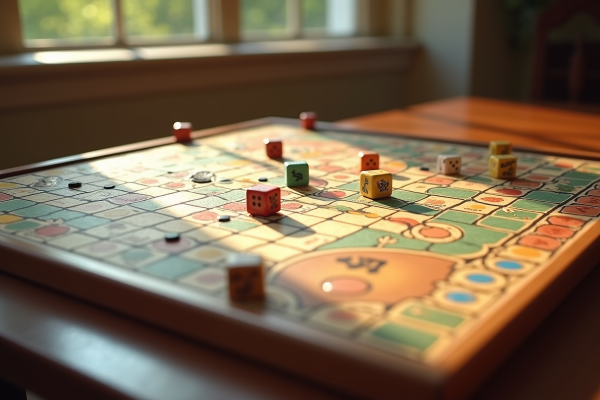 Plateau de jeu de la course en bois vintage avec dés colorés
