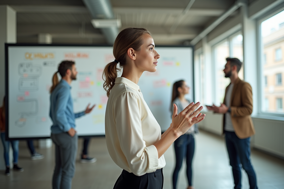 Jeune femme designer expliquant ses idées devant tableau blanc