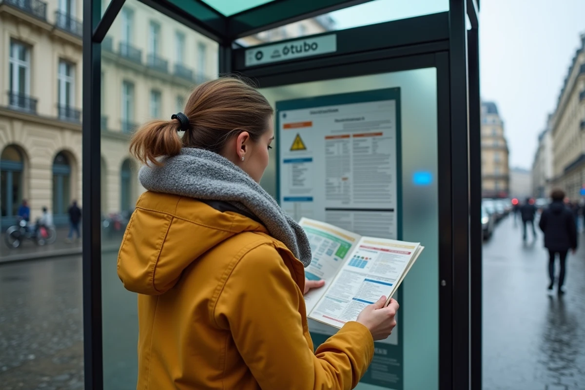 Jeune femme consultant un avis de perturbation RATP affiché dans un abribus parisien sous un ciel nuageux
