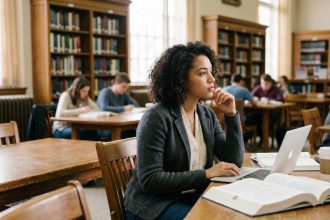 Jeune femme pensant dans une bibliothèque universitaire