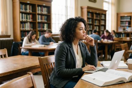 Jeune femme pensant dans une bibliothèque universitaire
