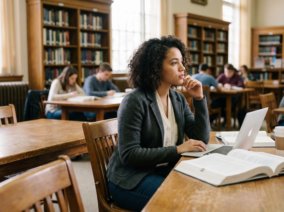 Jeune femme pensant dans une bibliothèque universitaire