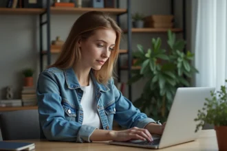 Jeune femme concentrée travaillant sur son ordinateur dans un bureau