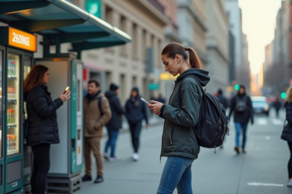 Jeune femme attendant à un arrêt de bus urbain