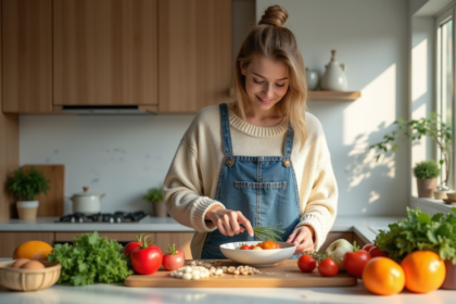 Jeune femme en cuisine préparant un repas coloré et équilibré
