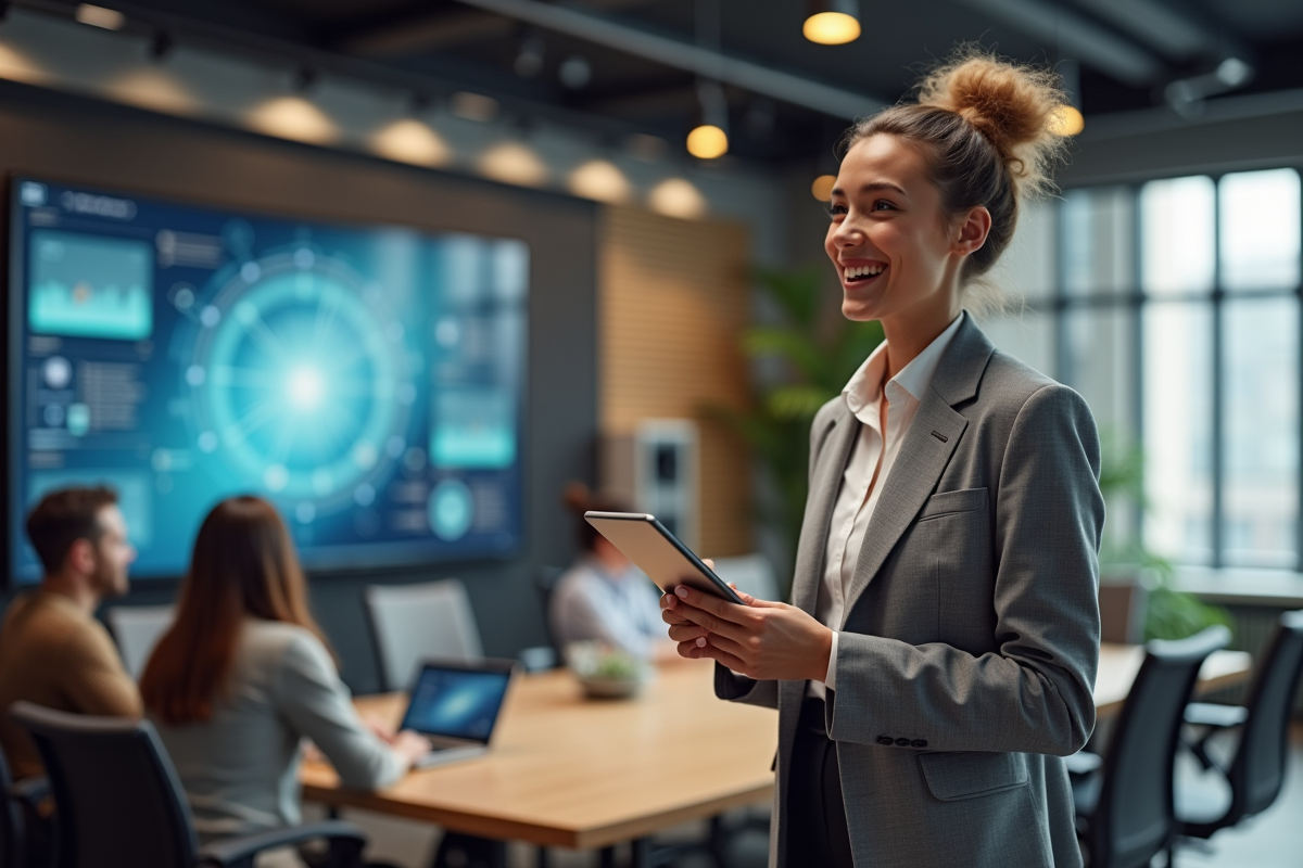 Jeune femme discutant avec collègues dans un espace de travail moderne