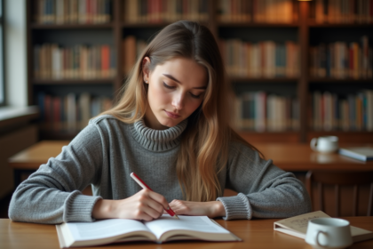 Jeune femme lisant dans une bibliothèque chaleureuse
