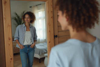 Jeune femme regardant son reflet dans un miroir de chambre
