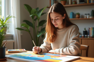 Jeune femme peignant un tableau par numéros dans un salon lumineux