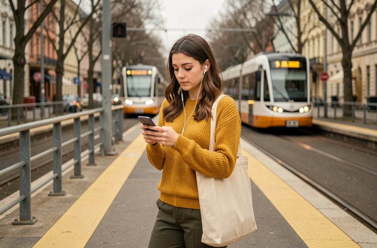 Jeune femme sur un quai de tramway extérieur consultant son téléphone pour suivre l'arrivée du tramway RATP en temps réel