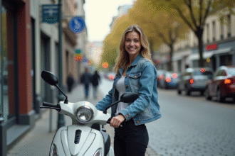 Jeune femme souriante avec scooter en ville