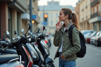 Jeune femme regardant des scooters 50cc en ville
