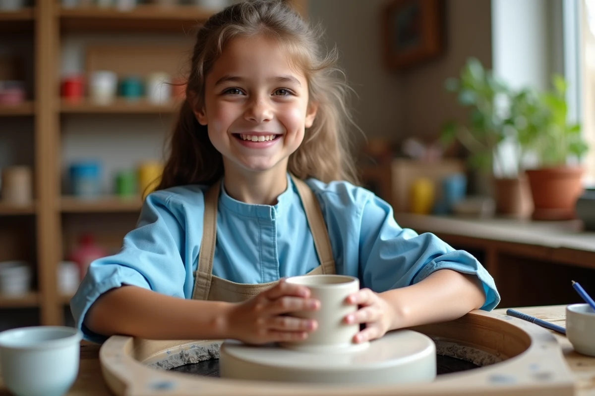 Jeune fille souriante façonnant de l'argile sur un tour de potier
