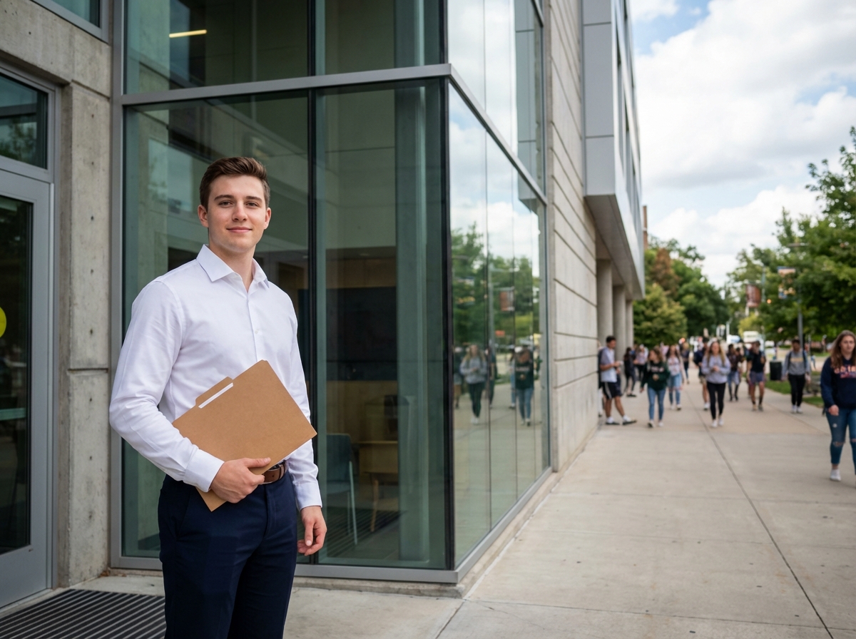 Jeune homme souriant devant une école de commerce moderne