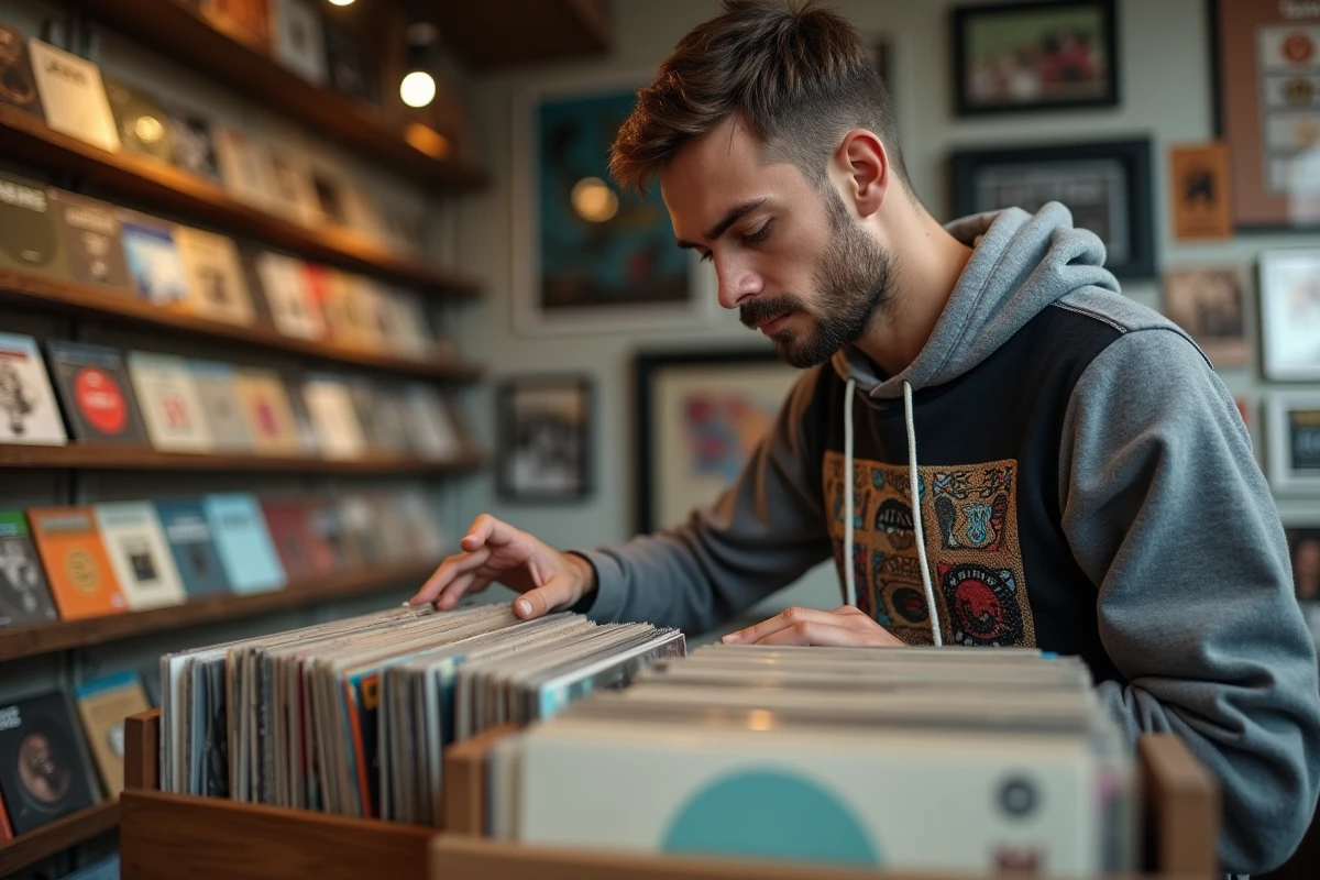 Jeune homme français feuilletant des vinyles dans une boutique