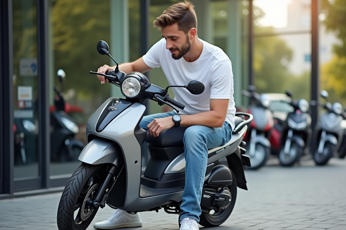 Jeune homme examine une moto Dax 50cc neuve à l'extérieur