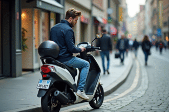 Jeune homme en scooter urbain en ville avec tableau digital