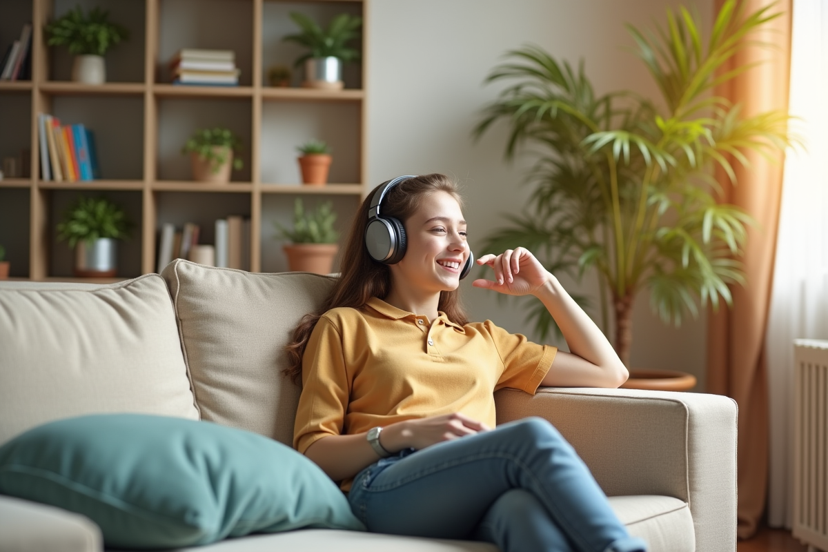 Jeune relaxant avec des écouteurs dans un salon lumineux