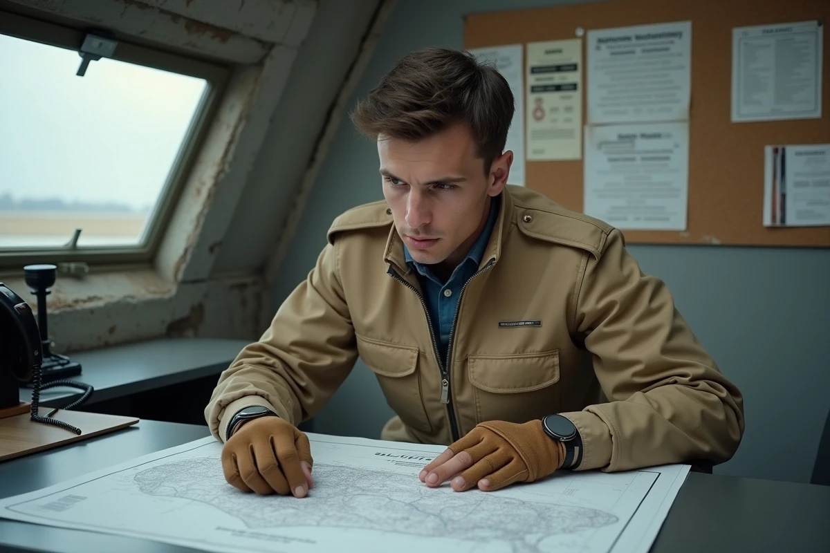 Jeune pilote en combinaison de vol étudiant une carte aéronautique dans une salle d'opérations de vol, illustrant les débuts professionnels dans l'aviation française
