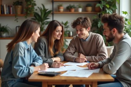Groupe de jeunes adultes discutant de finances dans un appartement