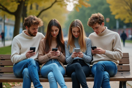 Groupe de jeunes adultes avec smartphones dans un parc urbain