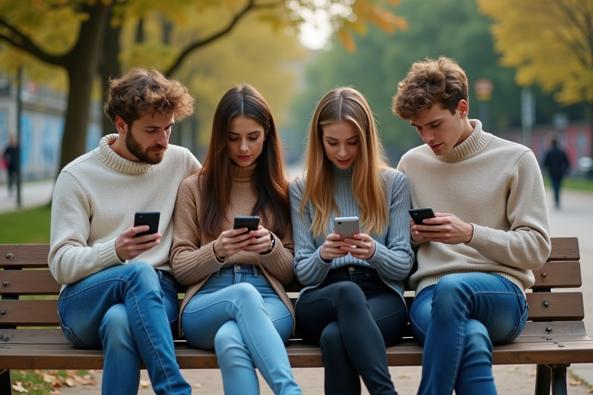 Groupe de jeunes adultes avec smartphones dans un parc urbain