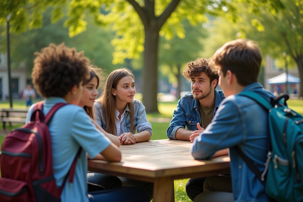 Jeunes en discussion dans un parc en plein air