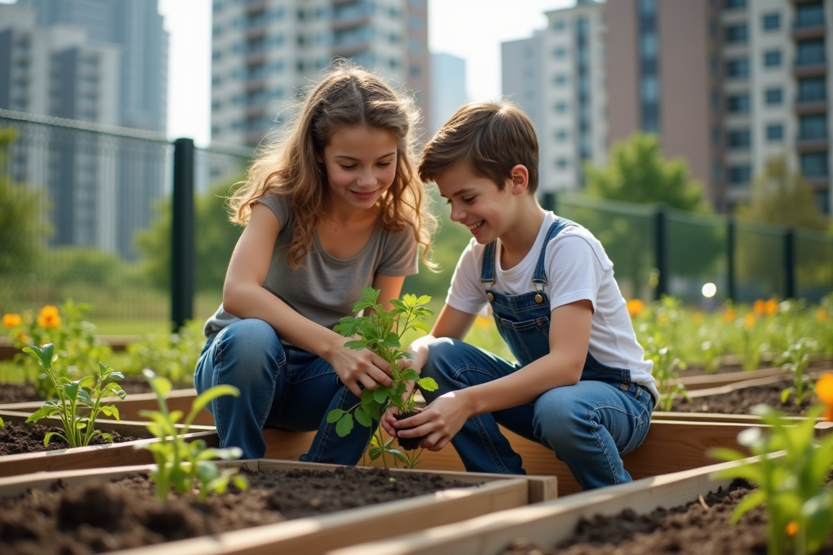 Adolescents plantant dans un jardin communautaire urbain