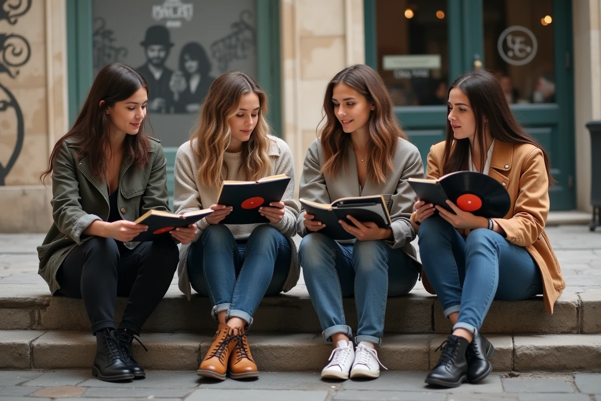 Jeunes musiciens discutant avec vinyles dans la rue parisienne