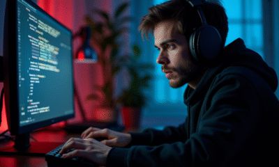 Gamer concentré face à un écran d'ordinateur avec message d'erreur