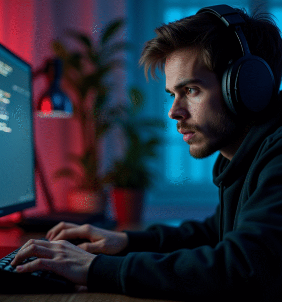 Gamer concentré face à un écran d'ordinateur avec message d'erreur