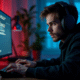 Gamer concentré face à un écran d'ordinateur avec message d'erreur