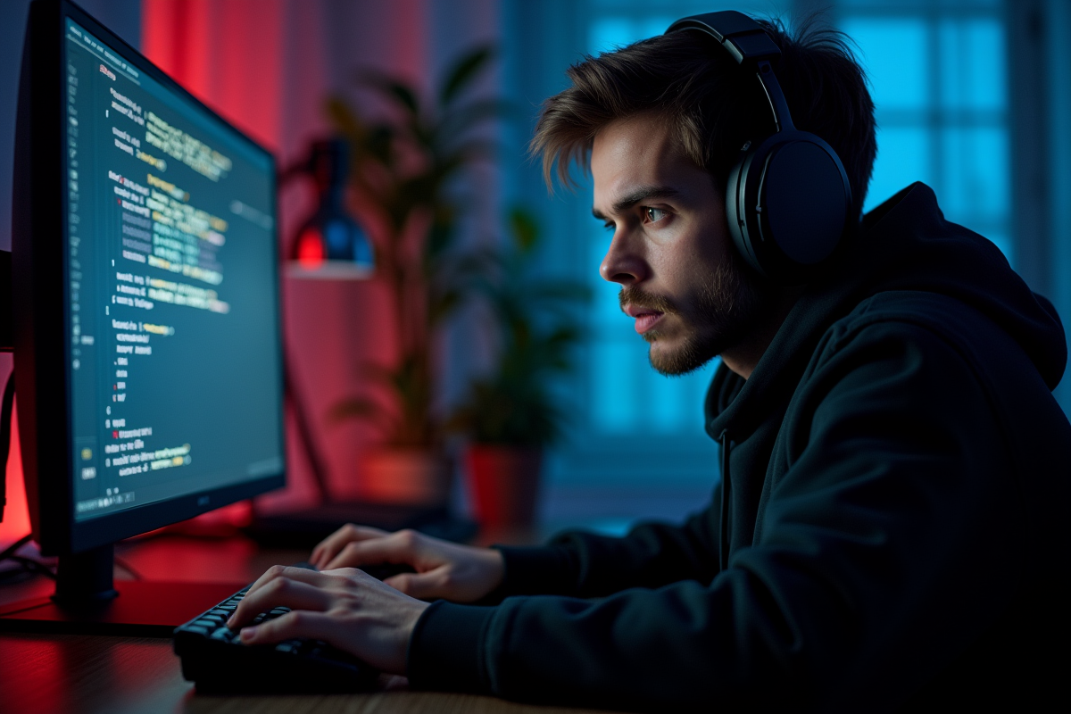 Gamer concentré face à un écran d'ordinateur avec message d'erreur