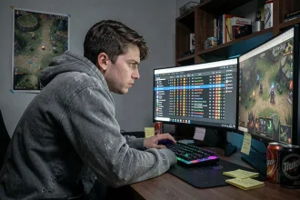 Joueur de League of Legends regardant ses statistiques de temps de jeu sur un double écran dans une chambre de gamer
