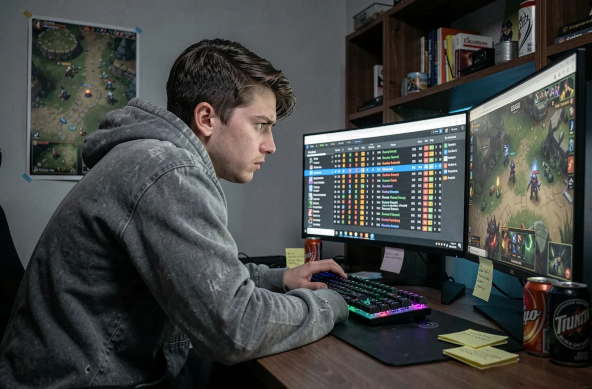 Joueur de League of Legends regardant ses statistiques de temps de jeu sur un double écran dans une chambre de gamer