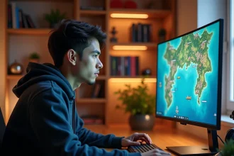 Joueur concentré en solo devant un écran affichant une carte de jeu fantasy avec des notes de stratégie manuscrites sur le bureau