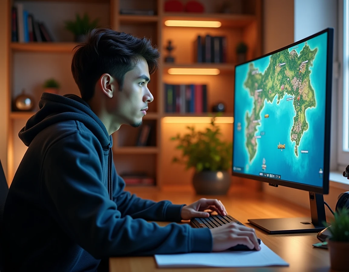 Joueur concentré en solo devant un écran affichant une carte de jeu fantasy avec des notes de stratégie manuscrites sur le bureau