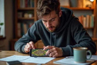 Joueur concentré planifiant une composition de village hybride HDV 8 sur smartphone, notes stratégiques sur bureau en bois