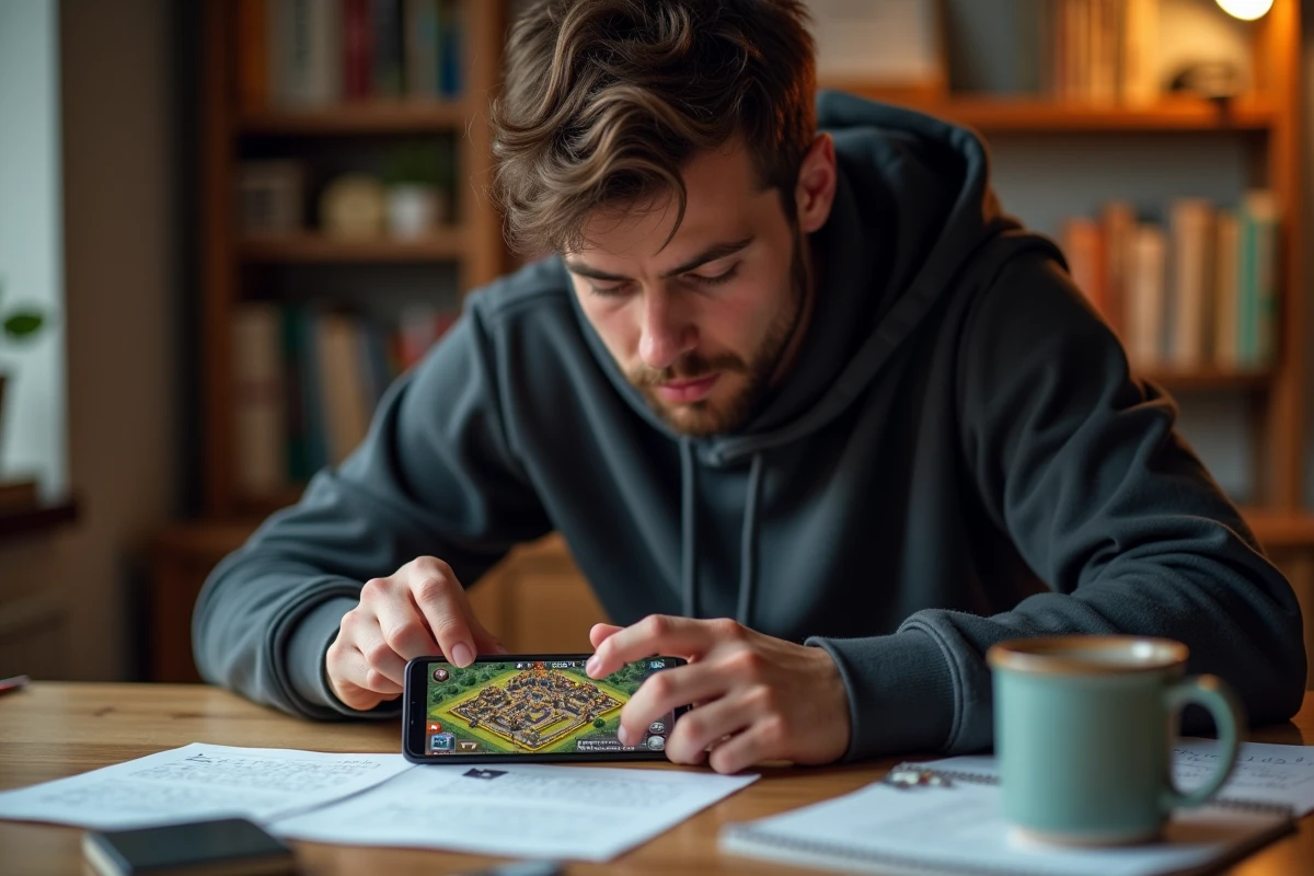 Joueur concentré planifiant une composition de village hybride HDV 8 sur smartphone, notes stratégiques sur bureau en bois