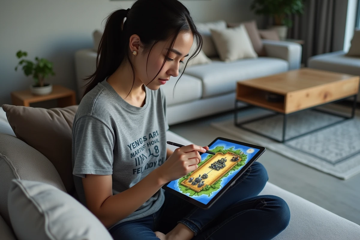 Joueuse analysant la disposition d'une base HDV 8 hybride sur tablette dans un salon moderne