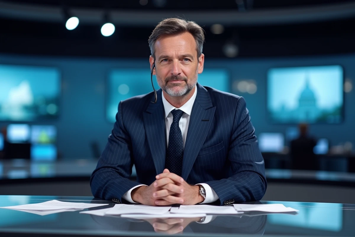 Journaliste français en direct sur un plateau de télévision, assis derrière un bureau de presse avec oreillette, expression concentrée lors d'un journal télévisé